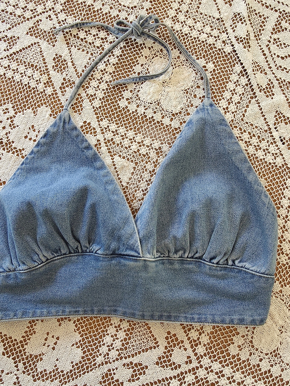 Revolt Brand Light Blue & Dark Wash Denim Halter Bralette, Size Large
